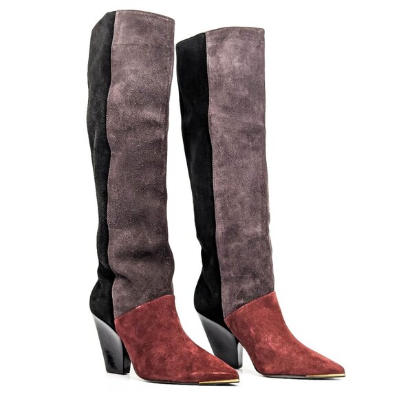 Tory Burch Lilah Patchworks Black Grey Leather Pointy Toe Western Boots 7.5